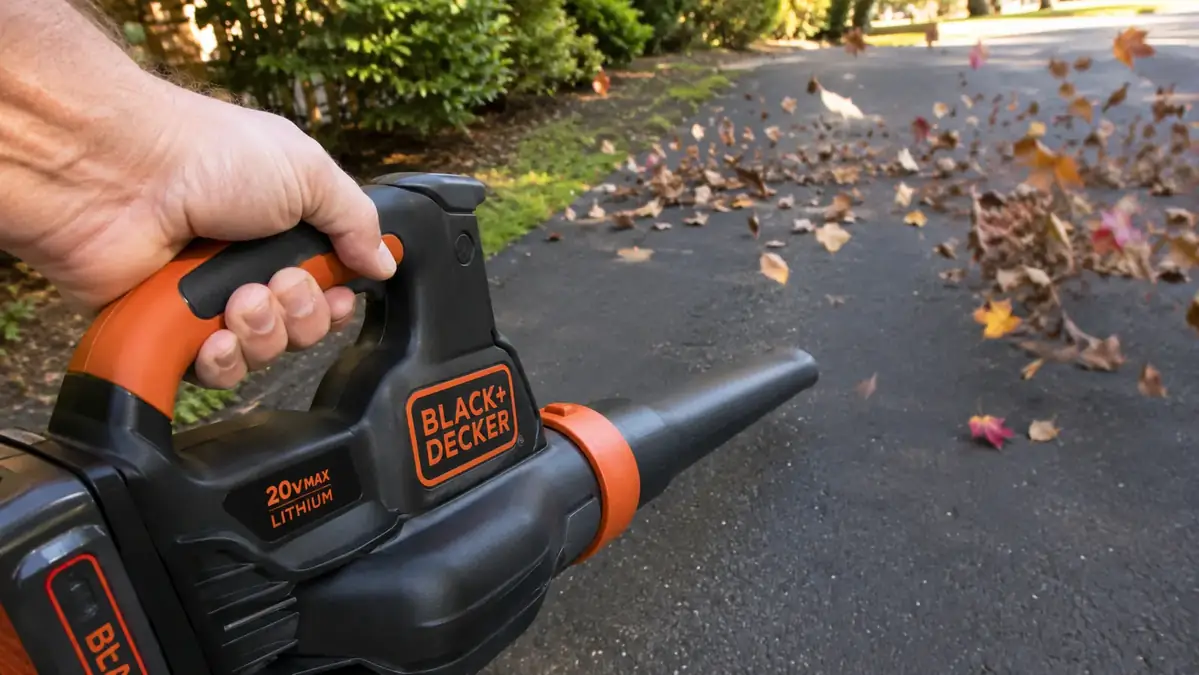 Close-up of a hand gripping the BLACK+DECKER cordless leaf blower handle while clearing leaves off a driveway