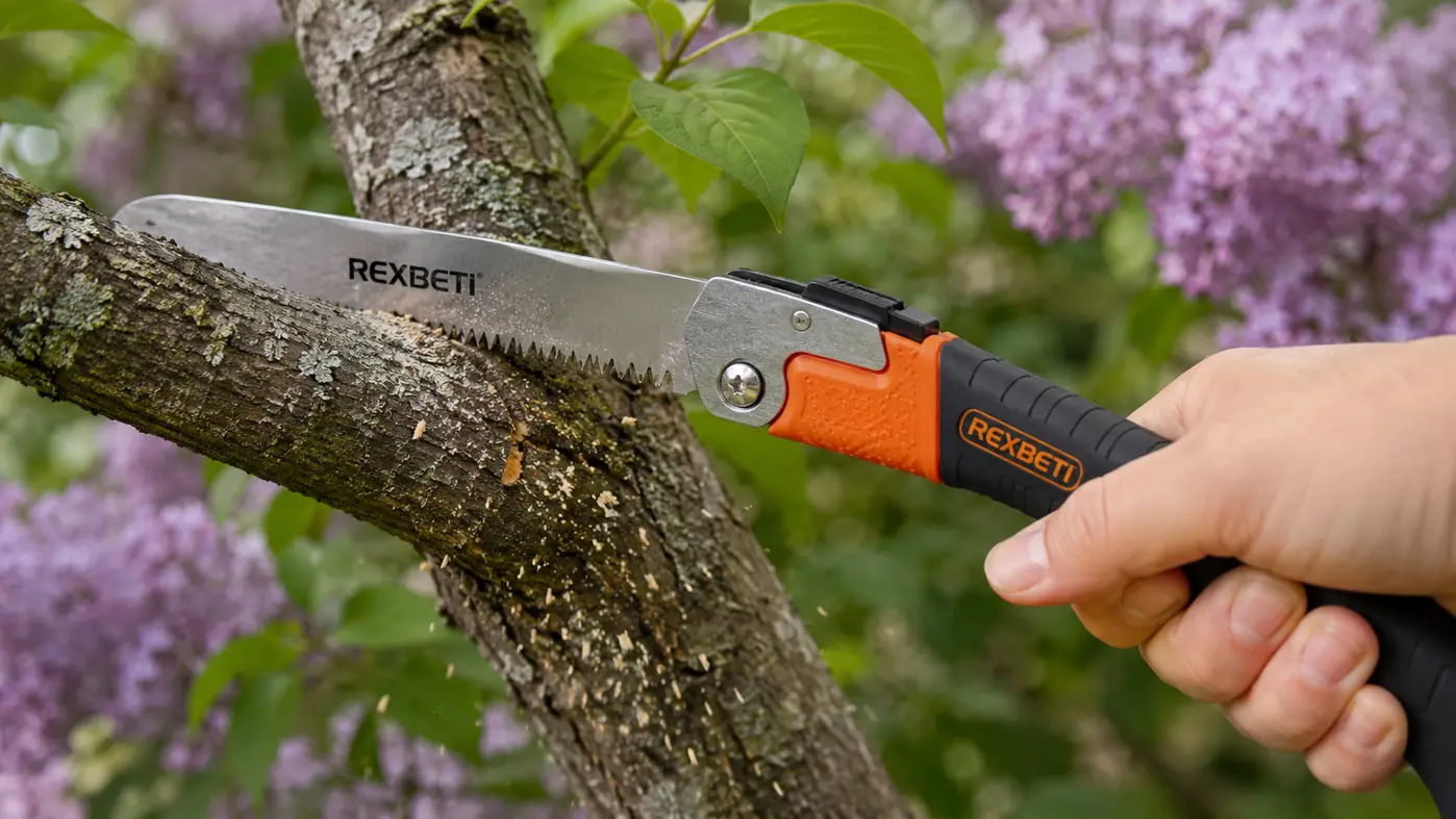 Hand gripping the REXBETI folding saw handle mid-cut through a thick lilac branch with wood chips scattering