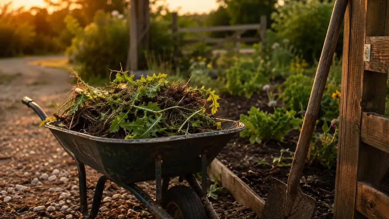 Wheelbarrow filled with pulled dandelion and thistle roots sitting at the edge of a garden bed at dusk