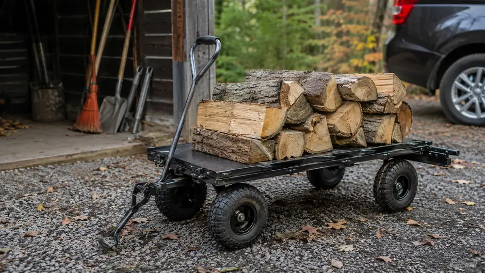 Steel garden cart with mesh sides folded down being used as a flatbed to haul split firewood rounds