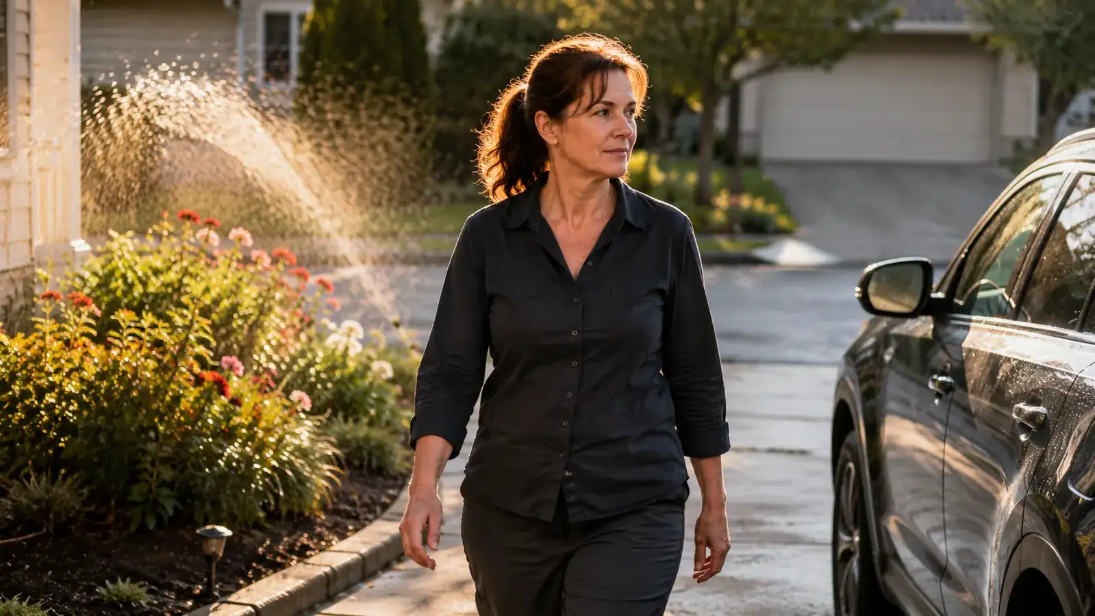 Gardener heading out the door to an early shift while sprinklers run quietly behind her in the yard
