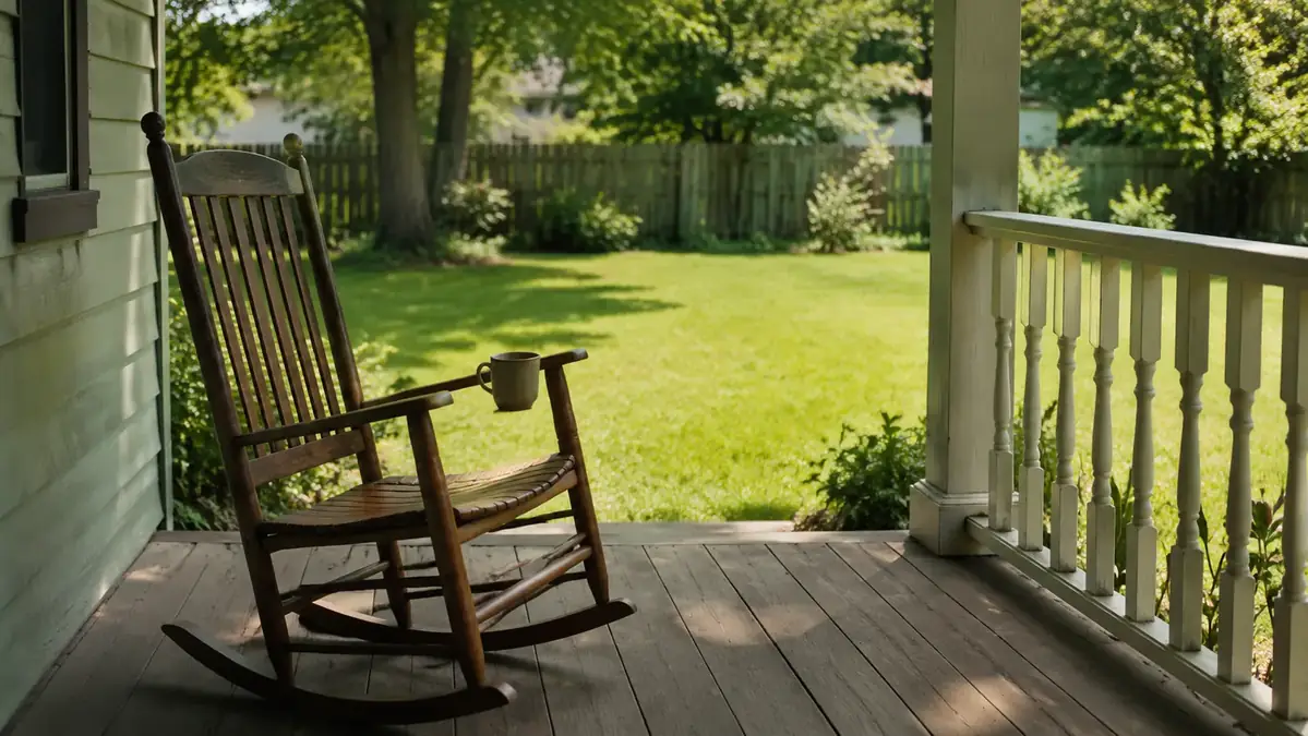 An empty rocking chair on a porch with a cup of coffee on the armrest, a clear yard visible in the background