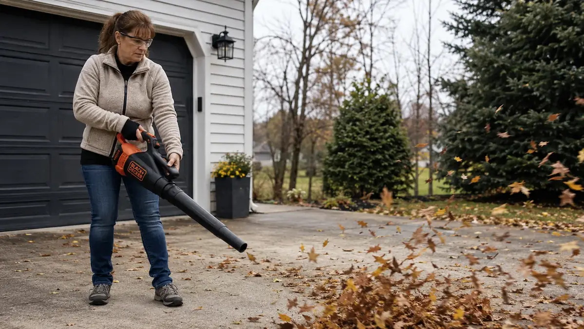 Hands holding the cordless leaf blower and aiming it at a scattered pile of leaves on a driveway