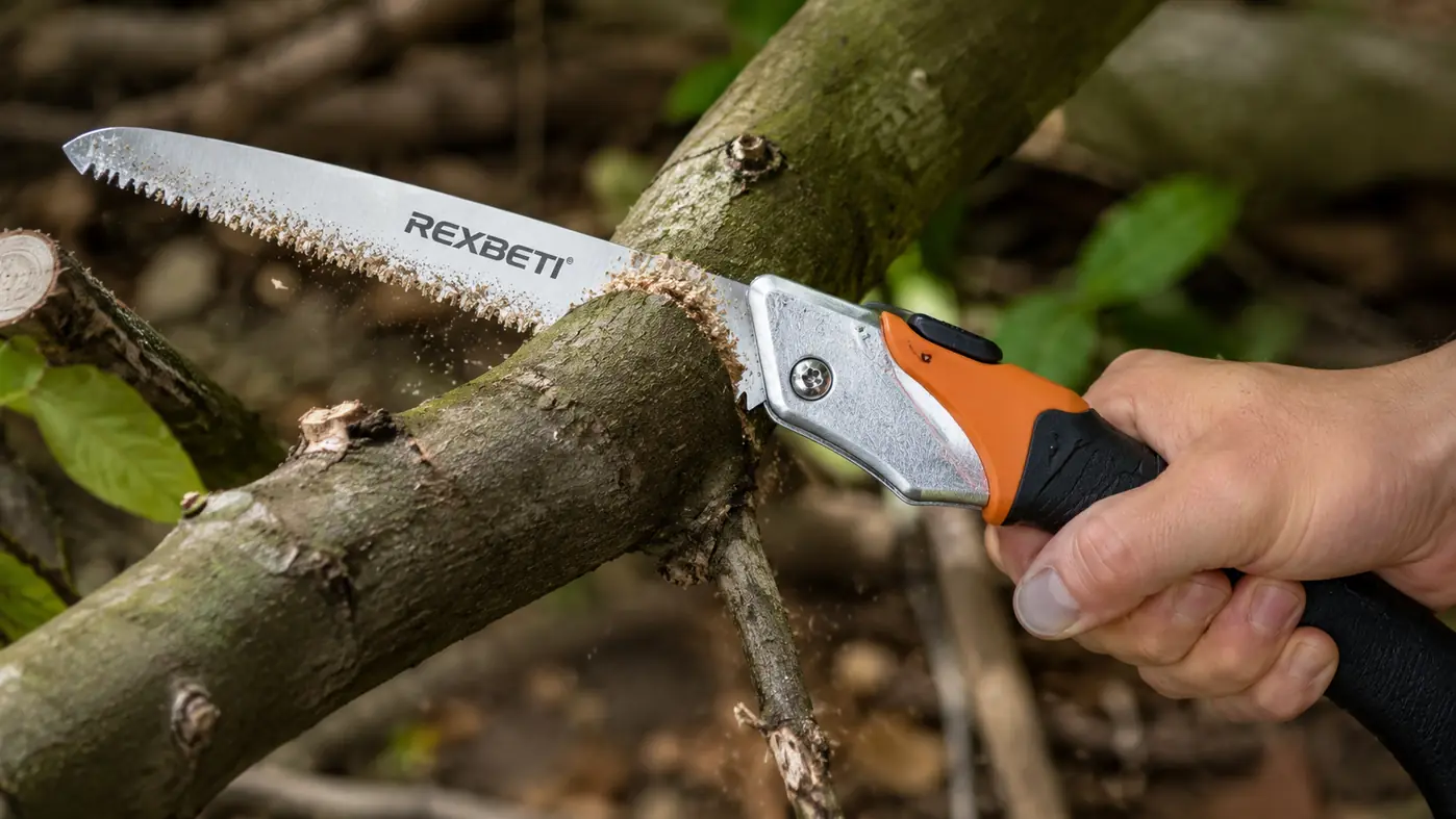 Close-up of the REXBETI folding saw's teeth catching bark fibers mid-stroke on a thick branch