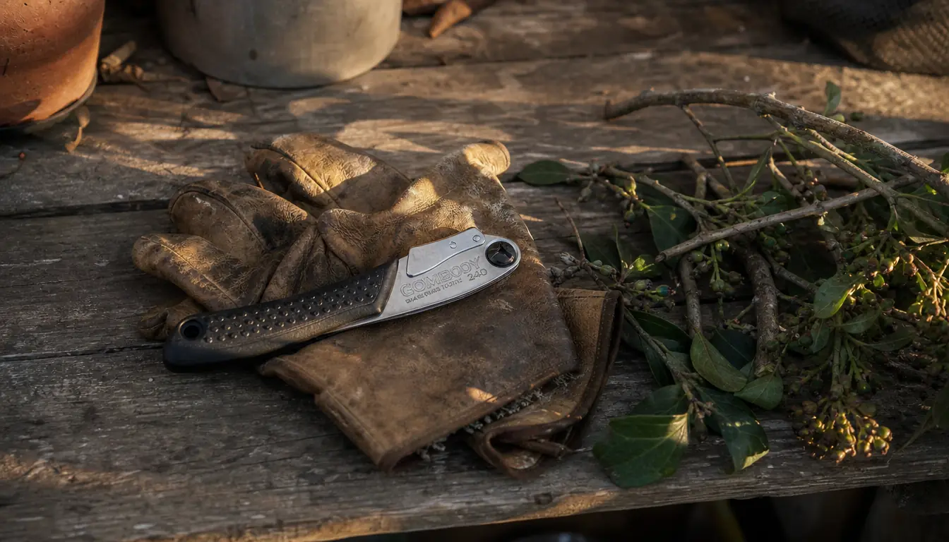 Folded pruning saw resting on a garden glove next to a pile of cut branches