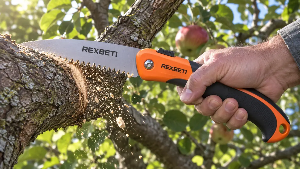 A hand gripping the REXBETI folding pruning saw mid-stroke cutting through a thick woody branch