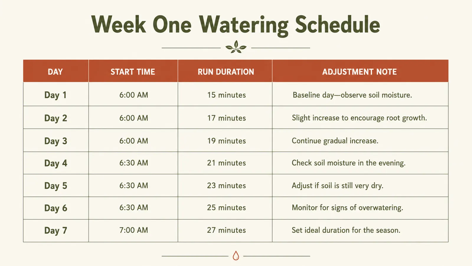 Simple chart showing a sample week-one watering schedule and adjustments made each day