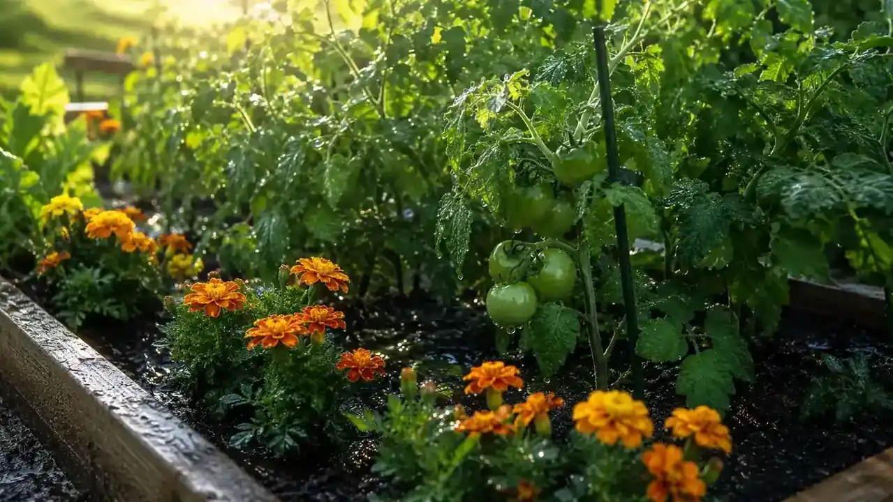 A raised garden bed with tomato plants and marigolds, soil visibly moist from an automatic watering cycle, no hose or person in frame