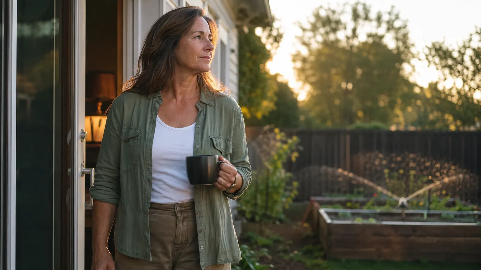 Woman in work clothes walking out the back door past a garden bed that has already been watered before sunrise