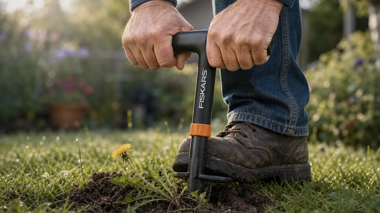 Close-up of hands on the offset handle of a stand-up weed puller, foot pressing the platform into soil