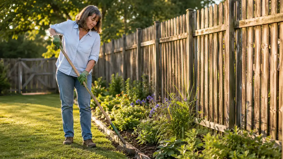 Gardener standing upright while weeding a long bed along a fence line, no kneeling pad in sight