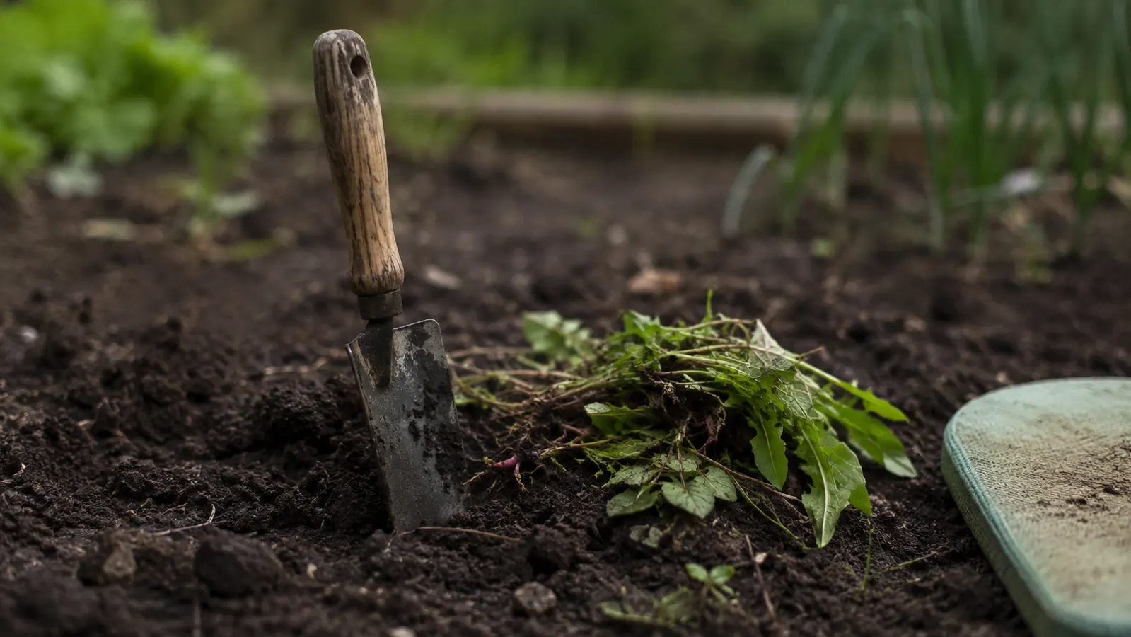 A small wooden hand trowel resting in loose soil next to a scattering of pulled weeds, low kneeling perspective