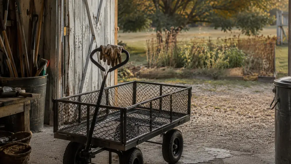 Steel garden cart parked empty in a shed doorway at dusk after a full day of hauling