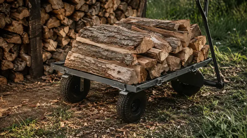Steel garden cart with mesh sides removed, converted to a flatbed, holding stacked firewood logs